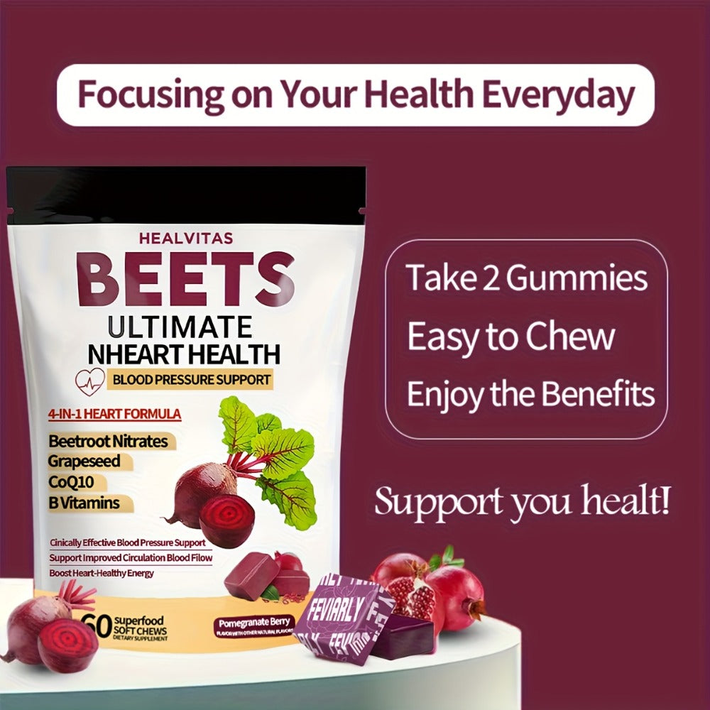 Beetroot Gummies with CoQ10, Grape Seed Extract & Multivitamins, Blood Pressure Support, Heart Health