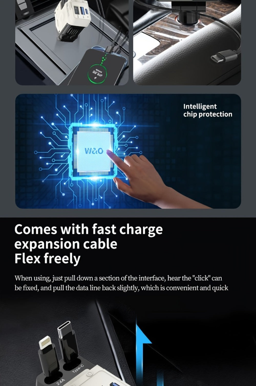 120W Fast Car Charger 4-in-1 with Retractable PD 3.0 Type-C Cable & Multi-Port USB Adapter