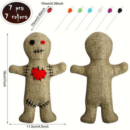 Voodoo Doll Set with 7 Skull Pins, 8-Piece Horror Ghost Doll Kit, Revenge Stress Creepy Doll Pin Holder for Adults (Flaxen)