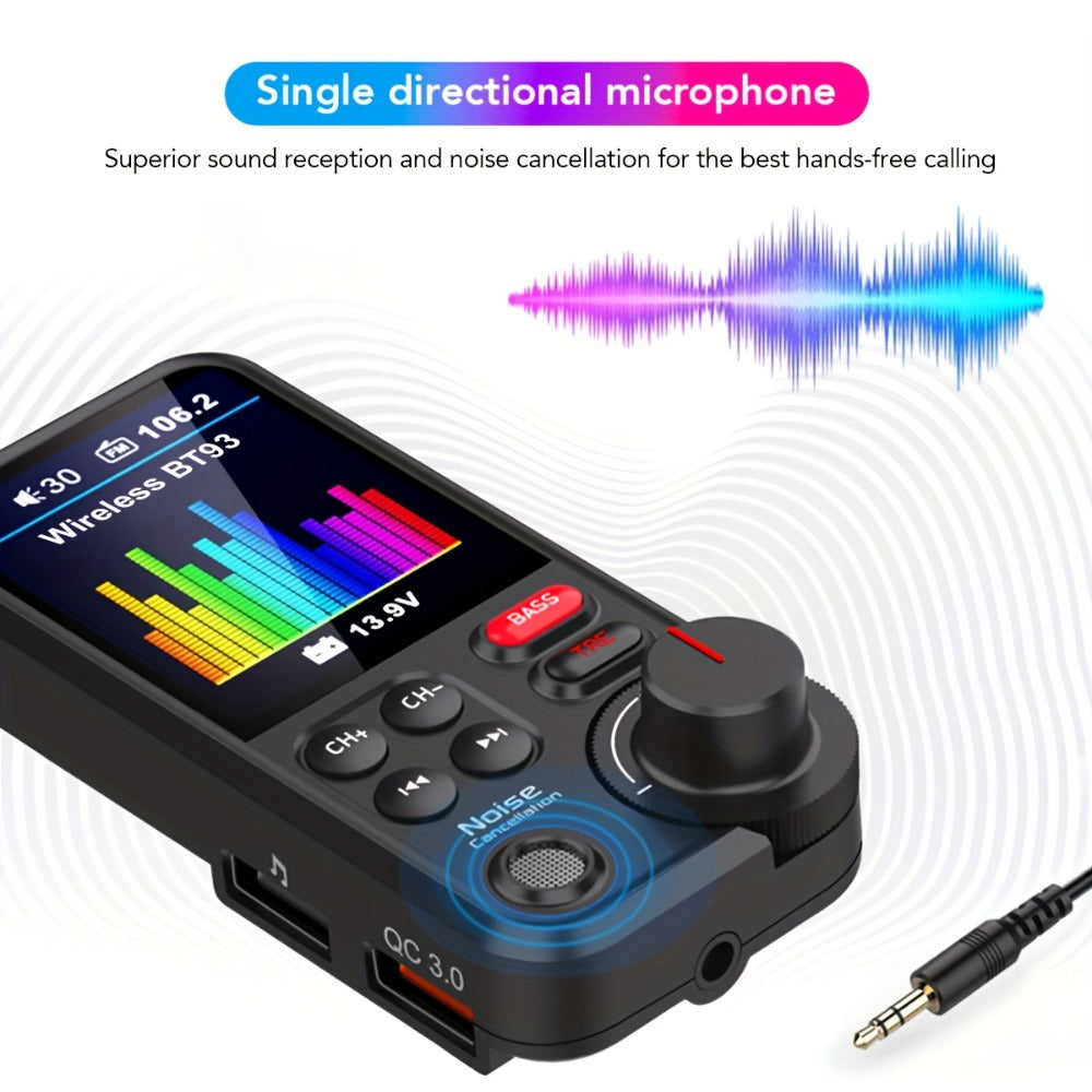 Car FM Transmitter with 1.8-Inch Color Screen, Rotary Control, AUX Port and Four Audio Sources