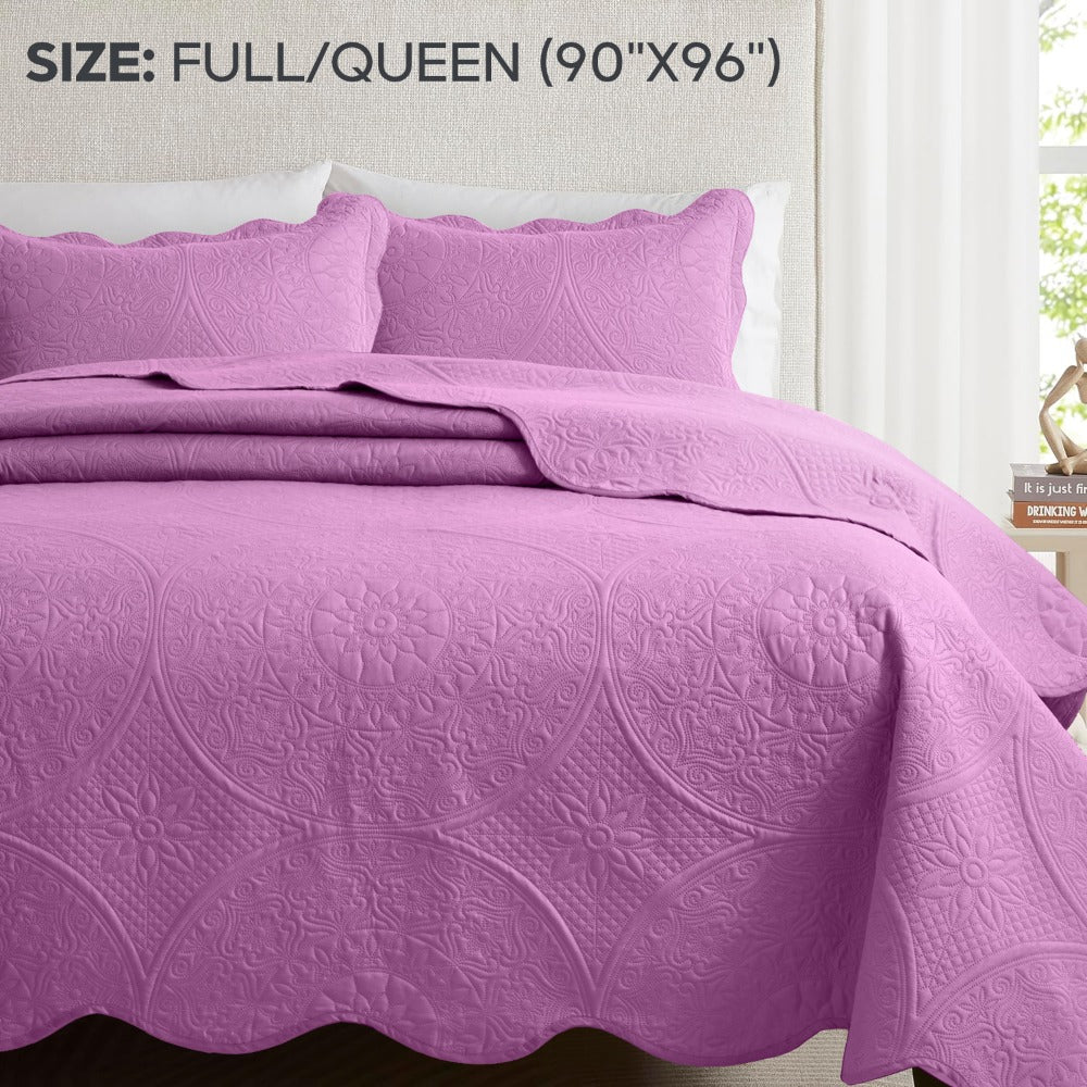 Floral-Pattern Three-Piece Bedspread Set in 16 Colors with Twin, Queen, King and California King Sizes