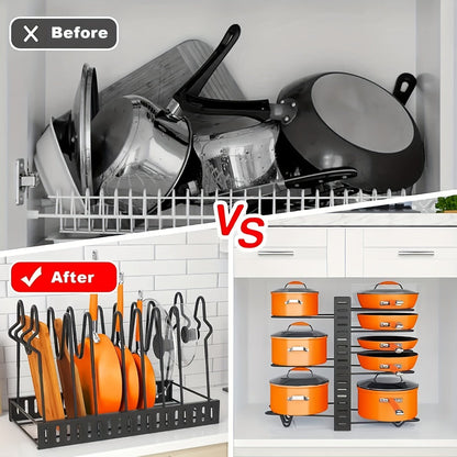 Eight-Tier Pot and Pan Organizer Rack in Black with Side Cookware and Lid Positions, One- or Two-Piece Sets