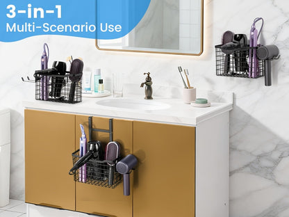 Hanging Hair Tool Organizer with Adjustable Mounting Height, Wire Basket and Black or White Finish
