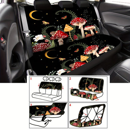 Car Seat Covers 17-Piece Red and Black Forest Mushroom Pattern Interior Accessory Set for Cabin Styling