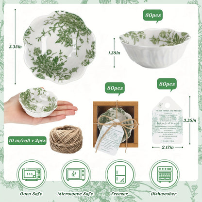 Wedding Favors for Guests 80 Pack Small Ceramic Bowls Bulk Set | 3.3 Inch Green Verdure Mini Dipping Bowl Sauce Dish with Cards & Box