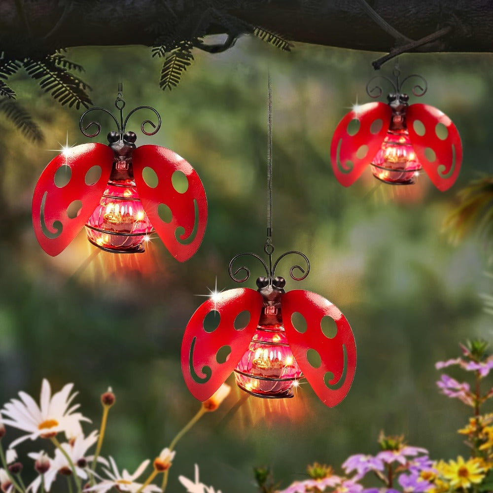 Solar Hanging Ornament Lights Ladybug & Butterfly, Indoor Outdoor Decorative Garden Light with Spring Clips for Patio