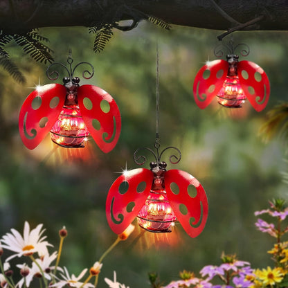 Solar Hanging Ornament Lights Ladybug & Butterfly, Indoor Outdoor Decorative Garden Light with Spring Clips for Patio