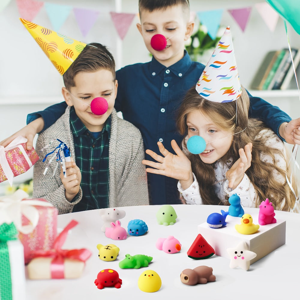 25-Piece Mini Mochi-Style Squishy Toy Set with Assorted Animal and Fruit Shapes from 1 to 1.38 Inches