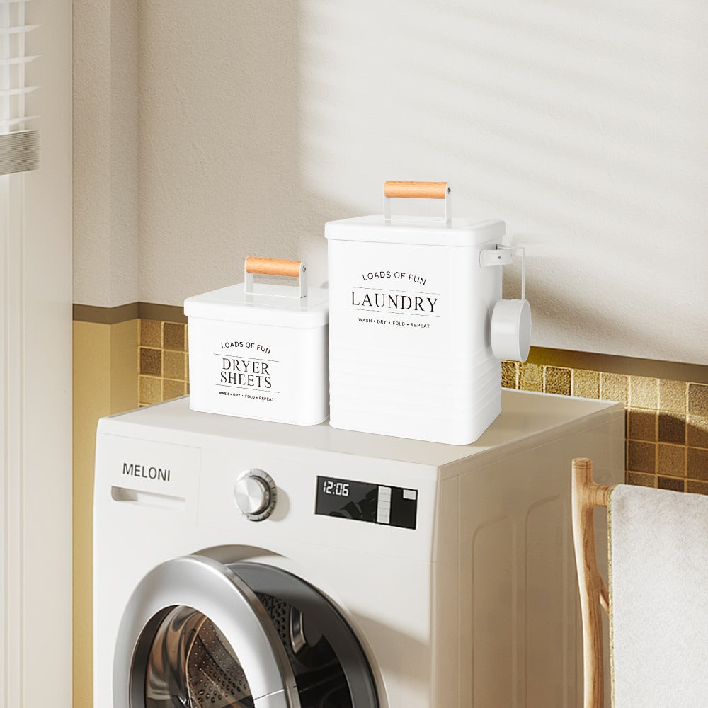 Laundry Pod Container & Dryer Sheet Holder Set with Scoop, Metal Farmhouse Laundry Room Organizer