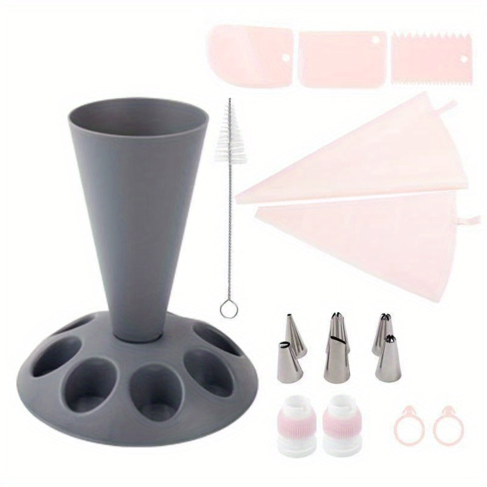 Piping Bag Holder Set 17pcs, Multi-Bag Icing Stand with Various Nozzle Tips for Cake Decorating, Cupcake Frosting, Cookie Decorating