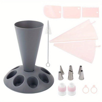 Piping Bag Holder Set 17pcs, Multi-Bag Icing Stand with Various Nozzle Tips for Cake Decorating, Cupcake Frosting, Cookie Decorating