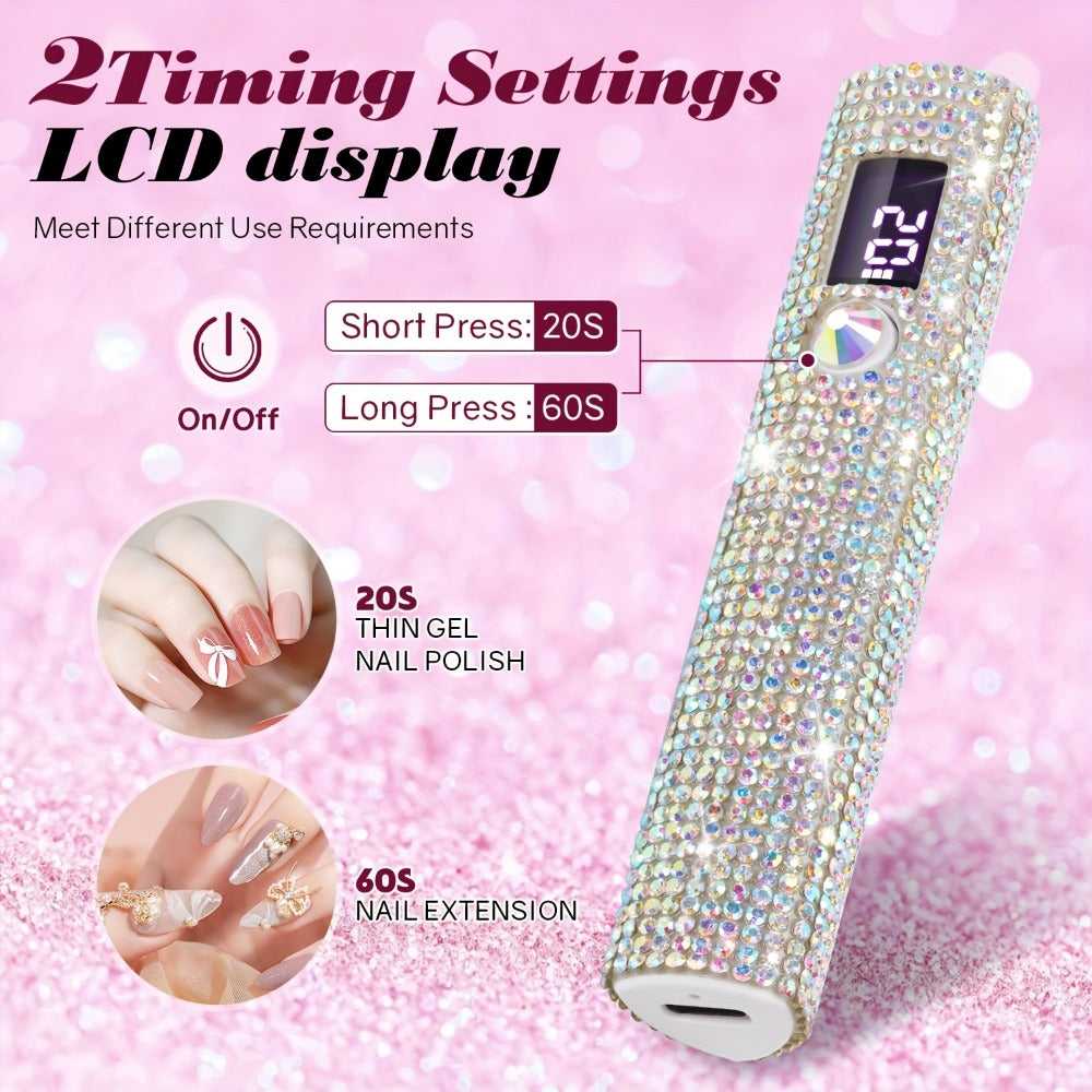 Portable LED Nail Lamp Rhinestone Design USB Rechargeable 365+405nm Quick Dry Gel Curer 20s 60s Timer LCD Display Wireless Nail Dryer