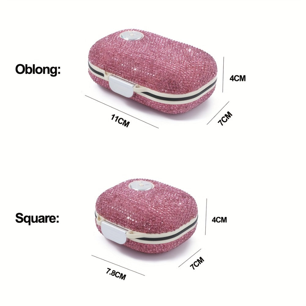 Seven-Compartment Travel Pill Organizer in Nine Square or Oblong Rhinestone Color Checkouts