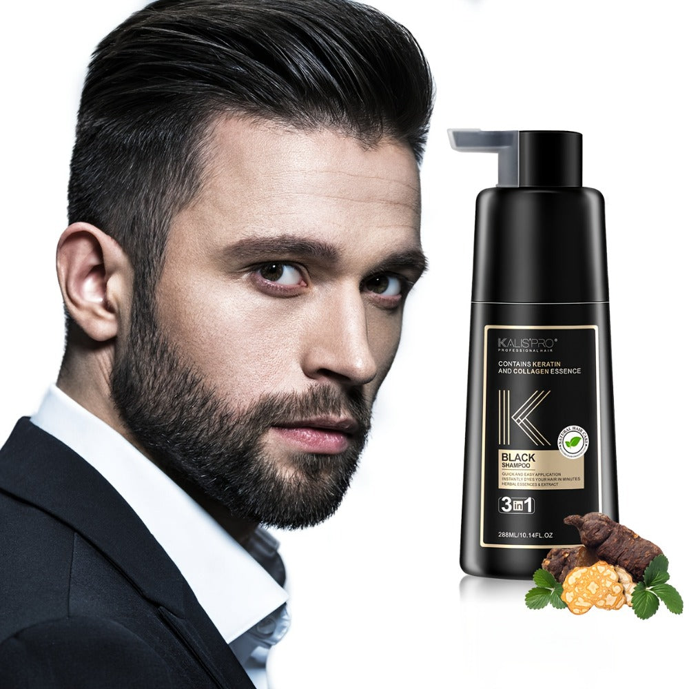 Men's 3-in-1 Black Hair & Beard Dye Shampoo, 8-Minute Gray Coverage, Ammonia-Free Natural Color