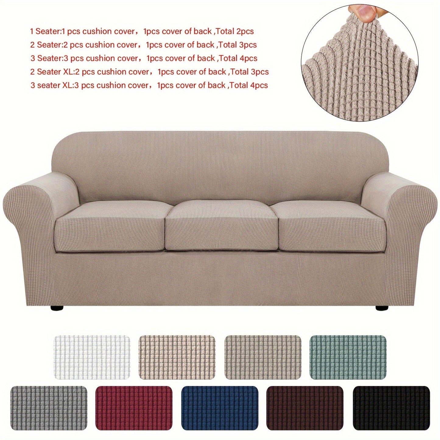 Sofa Cover Grid Jacquard Elastic Full-Cover Slipcover with Elastic Fit for 1 to 3 Seats and XL Sofas