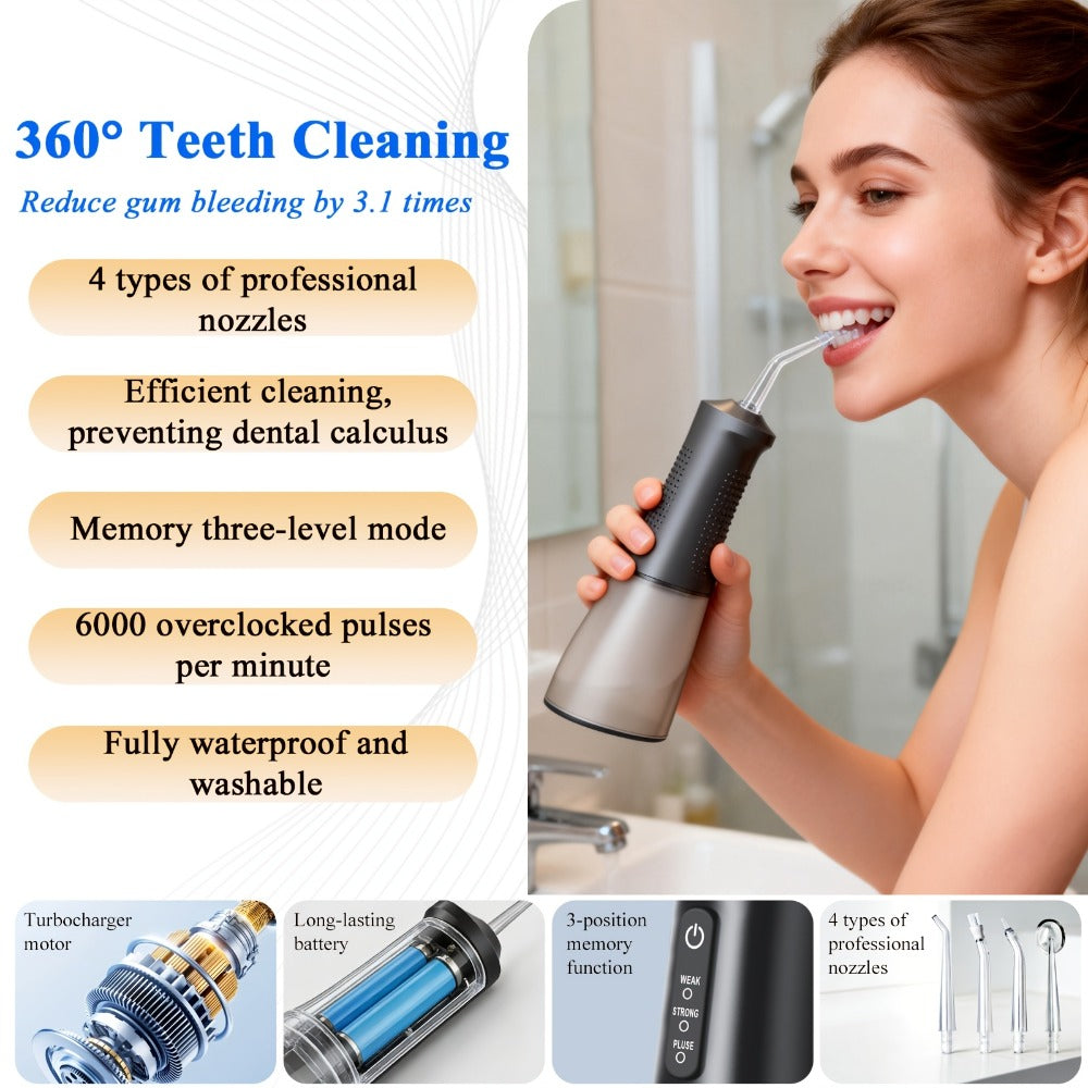 Water Flosser Srivdk Cordless Oral Irrigator with 300ml Tank, Three Pressure Modes, Six Nozzles and USB-C Charging