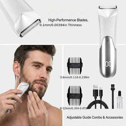 V-Shaped Ceramic-Blade Body Hair Trimmer with LCD Display, USB Cable, Guide Combs and Six Finish Options