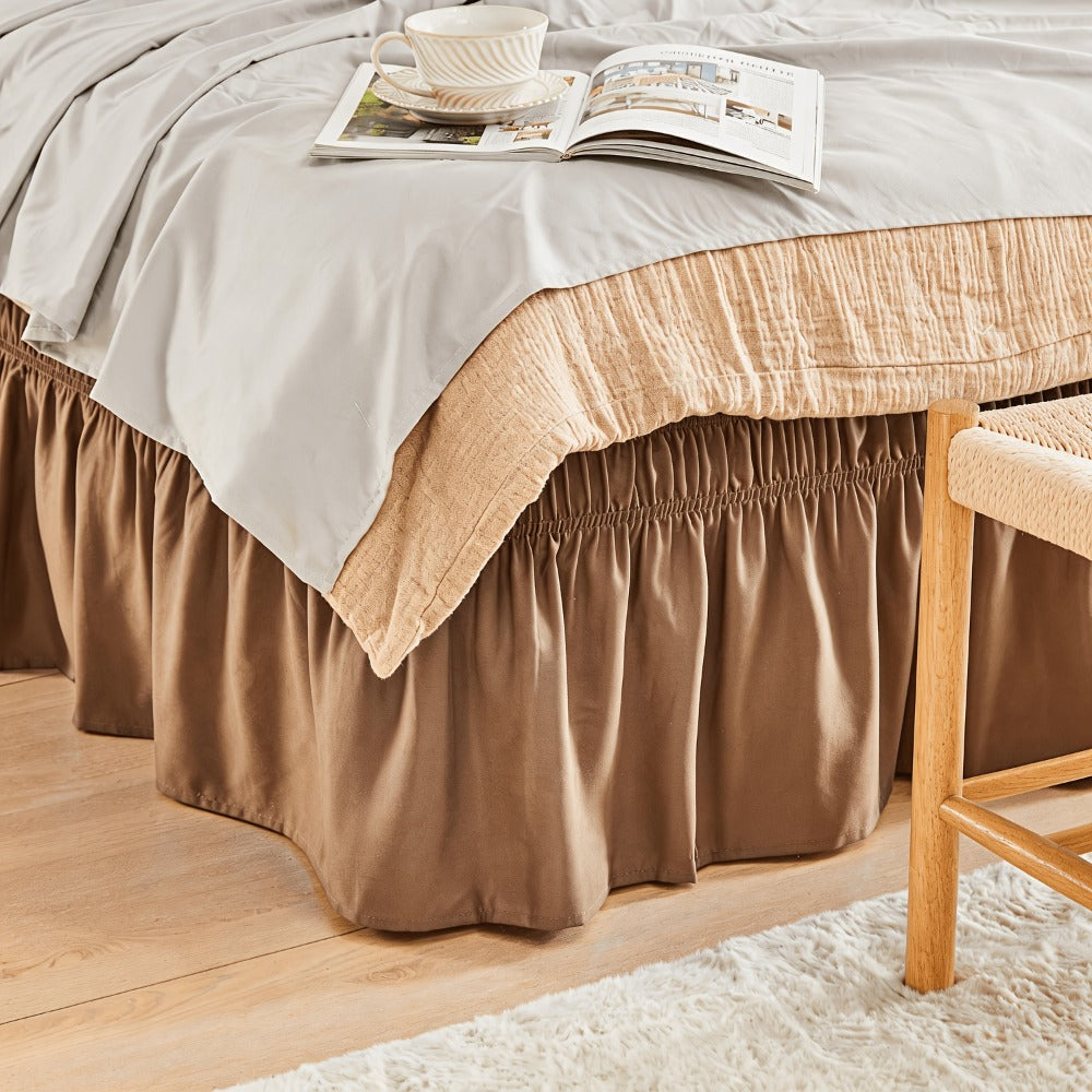 Bed Skirt Elastic Wrap Around Ruffle – 15 Inch Drop Microfiber Dust Ruffle, Adjustable No-Lift Fit, Fade Resistant Machine Washable