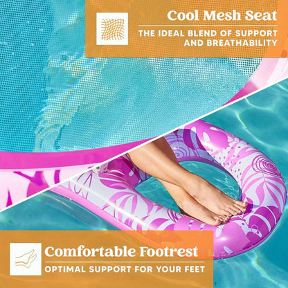 Pink Tropical Inflatable Pool Recliner Float, 60 x 36 x 24 Inches with Mesh Seat and Cup Holder