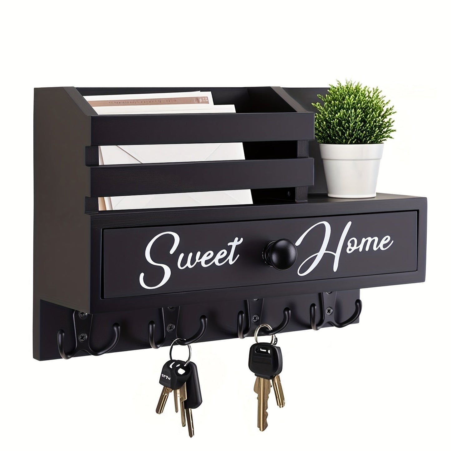 Key Holder for Wall with Drawer 8 Hooks, Rustic Wood Wall Mounted Key & Mail Organizer for Entryway