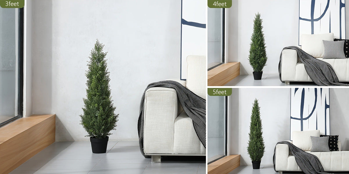 Artificial Cedar Topiary Tree with 3, 4 or 5 ft Height Options, Black Pot and Single or Two-Tree Sets