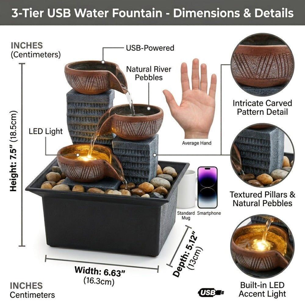 Tabletop Water Fountain Indoor, 4-Level Desktop Waterfall with LED Lights & Natural River Stones