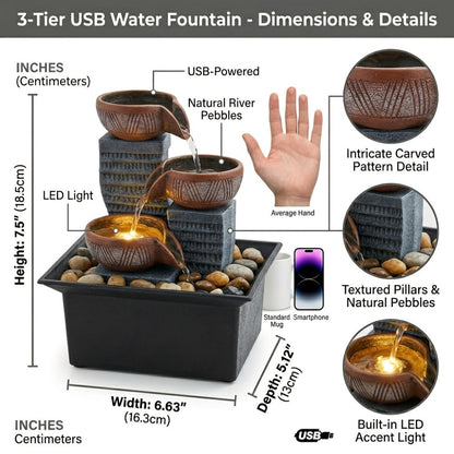 Tabletop Water Fountain Indoor, 4-Level Desktop Waterfall with LED Lights & Natural River Stones