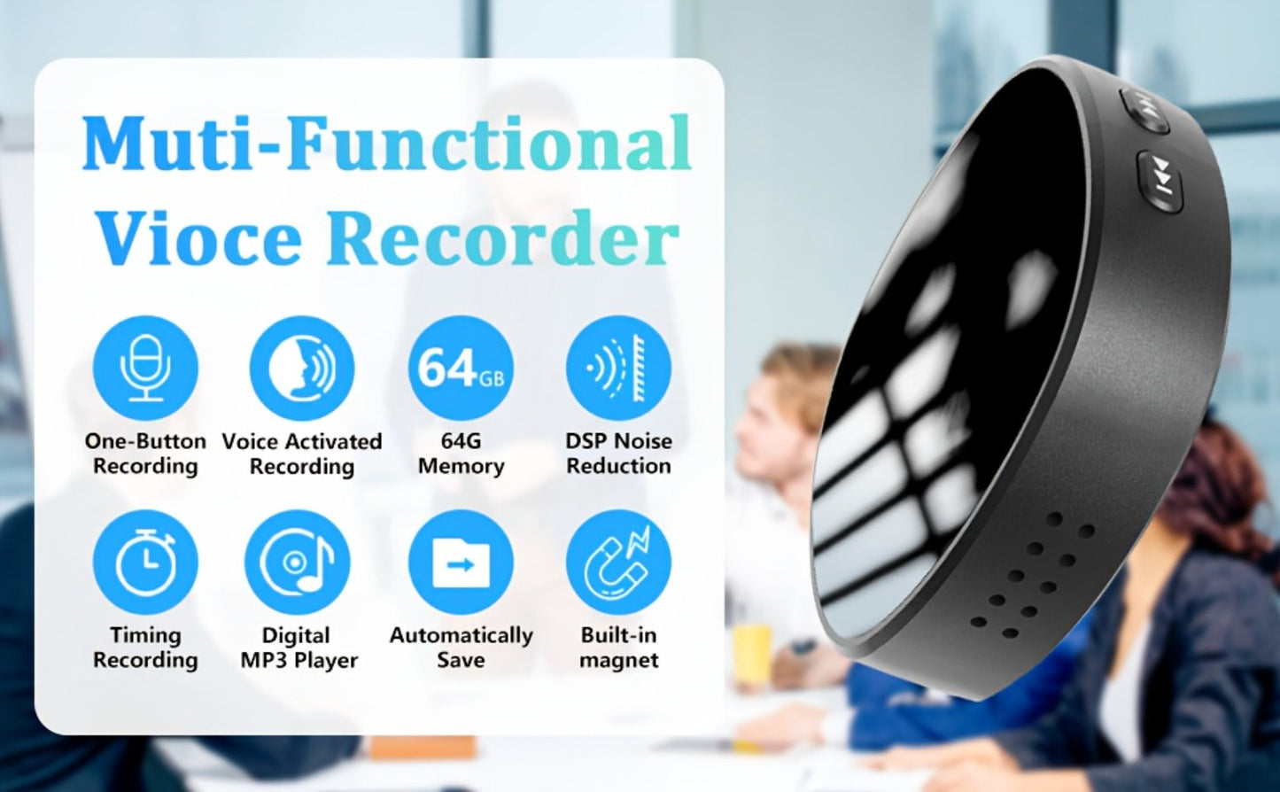 Voice Activated Recorder 64GB with AI Noise Reduction, Magnetic Digital Voice Recorder HD 3072kbps