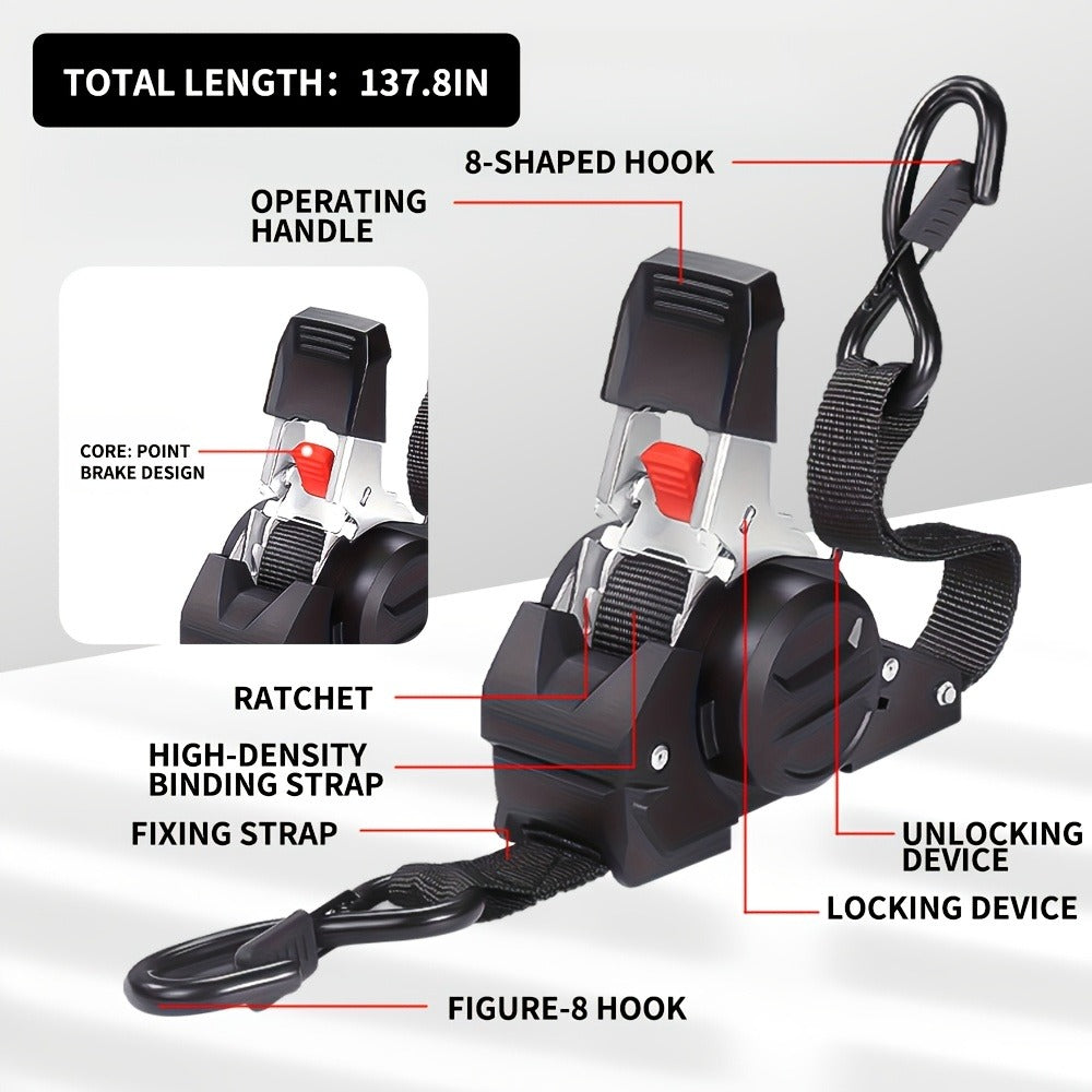 Ratchet Tie-Down Straps with Auto-Retract & Speed Control – Heavy-Duty Cargo Securing Kit with Hooks & Storage Bag | Motorcycle Transport