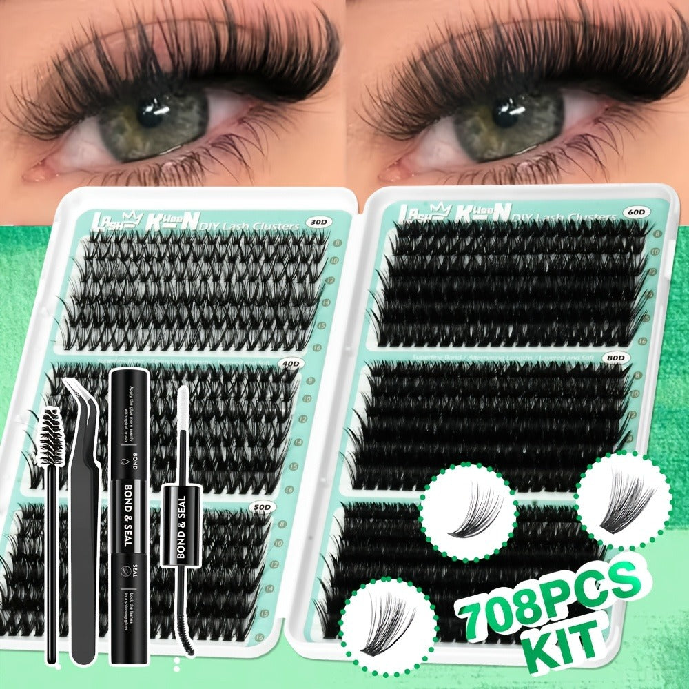 Lash Clusters Kit 708Pcs with Tweezers, Glue & Brush – Soft Silky Fiber False Eyelashes Full Voluminous DIY Lash Extension Set for Party