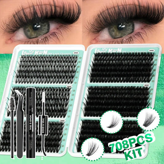 Lash Clusters Kit 708Pcs with Tweezers, Glue & Brush – Soft Silky Fiber False Eyelashes Full Voluminous DIY Lash Extension Set for Party
