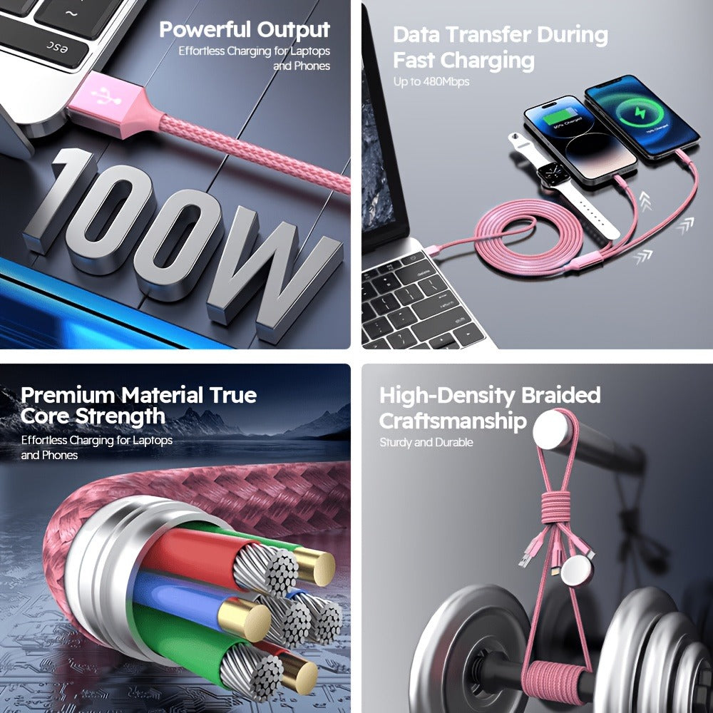Braided Charging Cable with USB-A or USB-C Input, Three Output Paths and Five Color or Connector Options