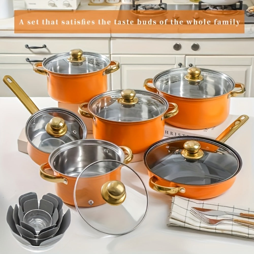 Cookware Set, 10-, 12- or 15-Piece Stainless Steel Deep Pots with Glass Lids, Double Handles and Three Finishes