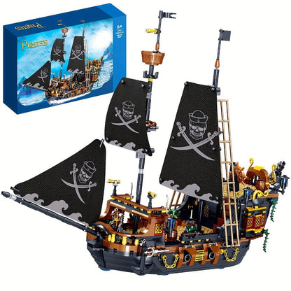 1282-Piece Pirate Ship Building Block Model with Black Sails, MY051 Checkout Code and Pictured 30.48 cm Length