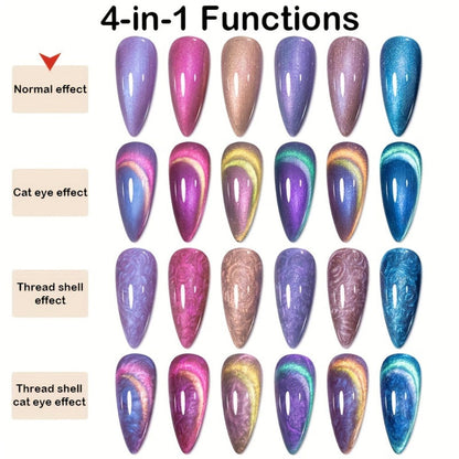 Gel Nail Polish 6-Piece 9D Aurora Magnetic Cat-Eye Set with Pearl-Shell Glitter Effect and UV/LED Soak-Off Cure