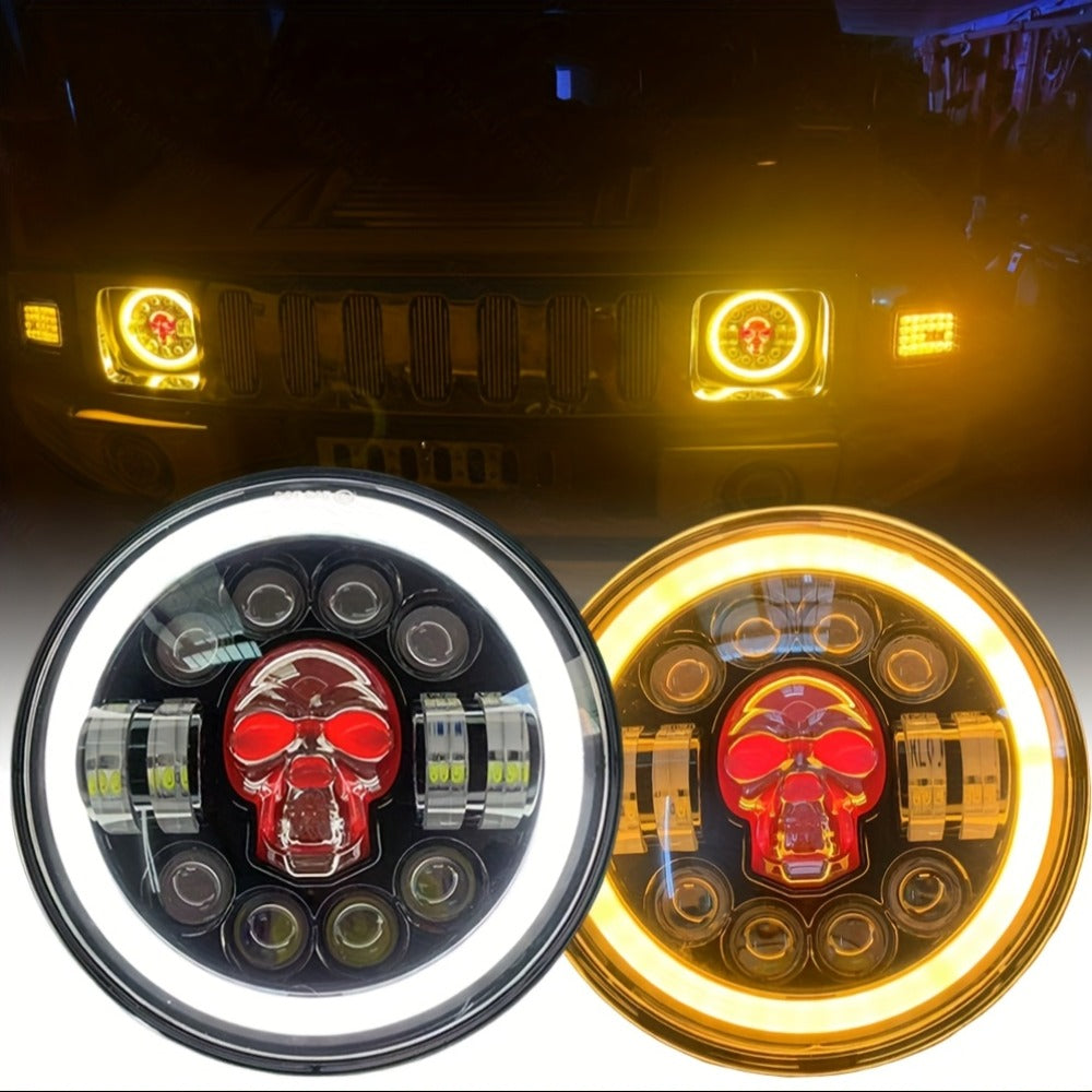 7 Inch Motorcycle LED Headlight Skull Ghost Design – Colorful Demon Eye Round Head Lamp, Custom Car Headlight Modification Front Light