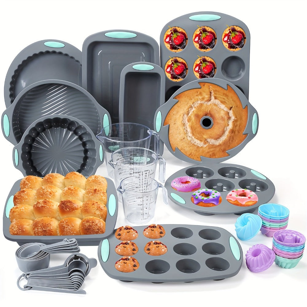 Silicone Bakeware Set with Cake Molds, Muffin Pan, Donut Pan, Baking Sheet, Baking Cups & Measuring Cups Spoons