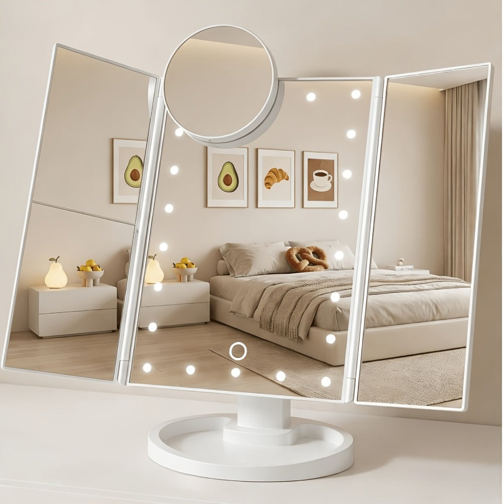 Vanity Mirror with Lights Tri-Fold 21 LED Lighted Makeup Mirror Touch Control 1X 2X 3X 10X Magnification 360 Rotation Dual Power Tabletop