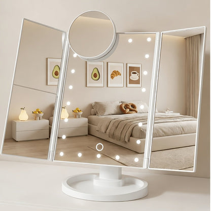Vanity Mirror with Lights Tri-Fold 21 LED Lighted Makeup Mirror Touch Control 1X 2X 3X 10X Magnification 360 Rotation Dual Power Tabletop