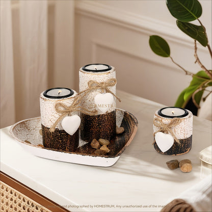 Wooden Candle Holder Set of 4, Love Heart Tray, Tea Light Holder, Knot Bow Decoration & Decorative Stone Bowl for Home Decor