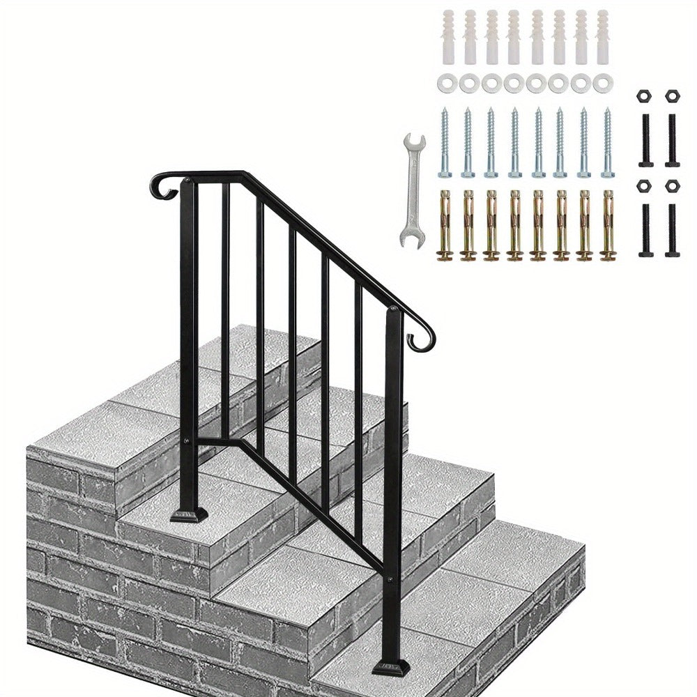 Wrought Iron Stair Handrail for 2-3 Steps - Matte Black & White Powder Coated Iron Picket Railing with Stainless Steel Post Mounts