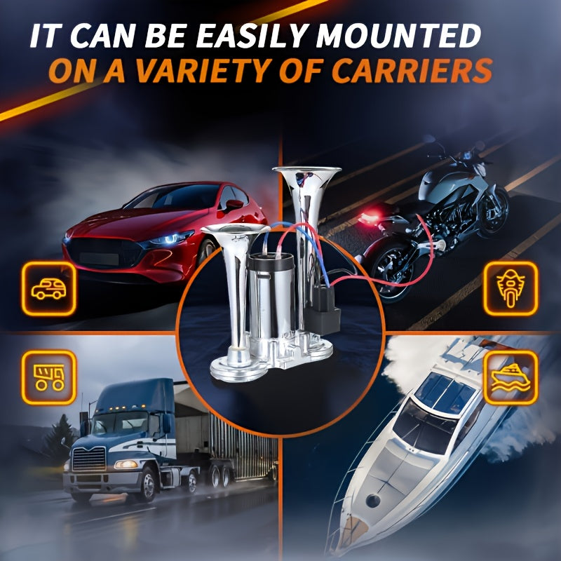 Dual Air Horn Kit 12V/24V 105-137dB with Air Compressor – Super Loud Aluminum Alloy Trumpet Horn for Truck, Train, SUV, Motorcycle