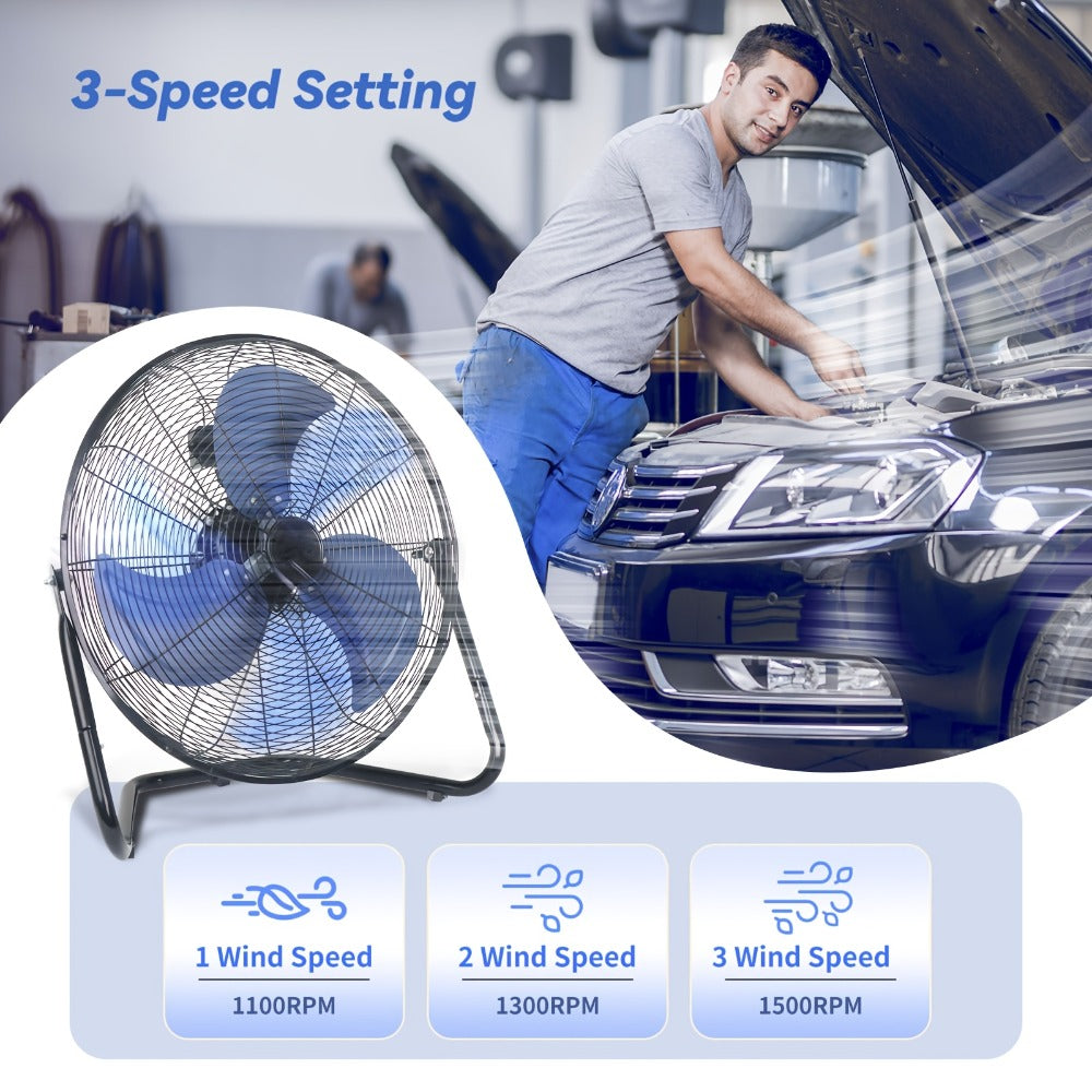 Three-Speed Metal Floor Fan with Tilt Frame in 9-, 14- or 20-Inch Black, Silver or Blue Options