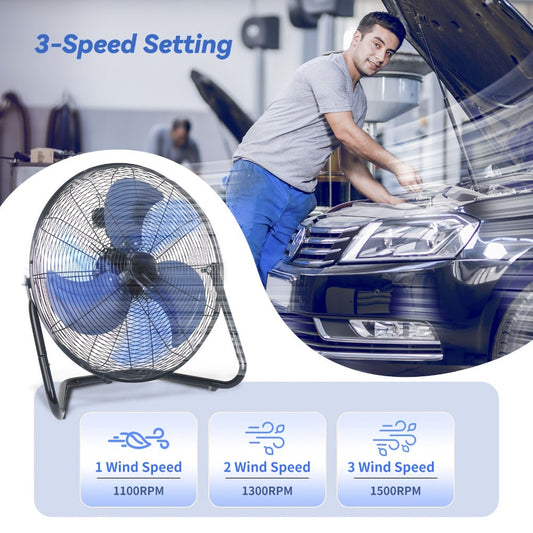 Three-Speed Metal Floor Fan with Tilt Frame in 9-, 14- or 20-Inch Black, Silver or Blue Options