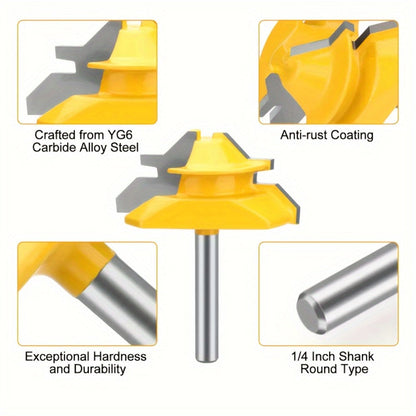 Locking Miter Router Bit Set 3 Piece 45 Degree 1/4 Inch Shank Carbide Woodworking Joinery Box Joint Corner Bits for Router Table