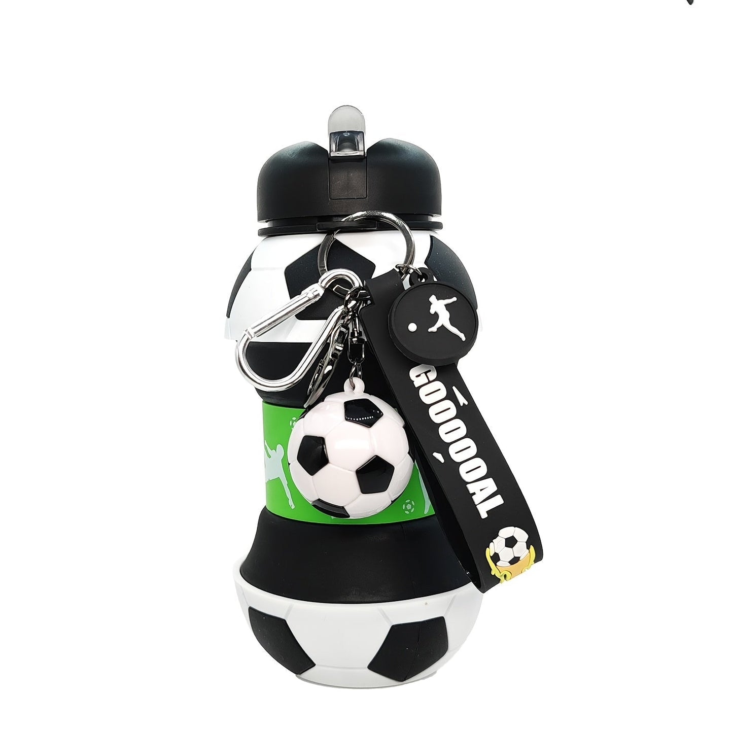 Soccer-Ball-Shaped Water Bottle with Black-and-Green Body, Flip Spout, Carry Strap and 550 ml Source Size