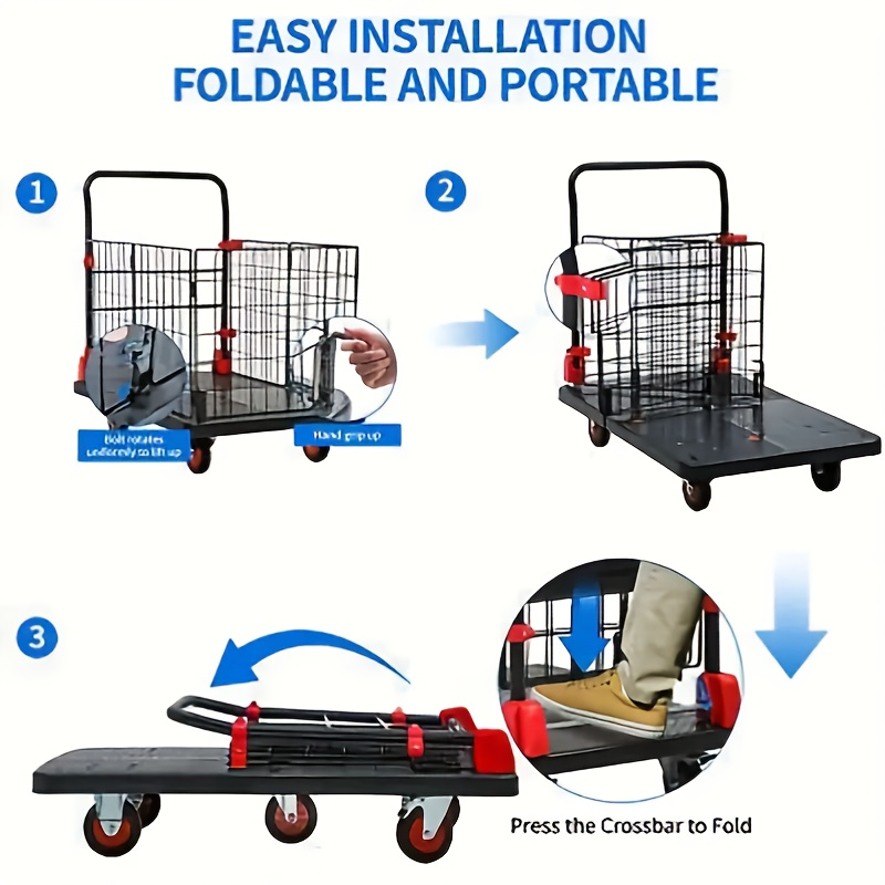 Folding Platform Cart with Removable Cage & Silent Wheels, 400-, Anti-Skid Deck, Telescopic Handle for Moving