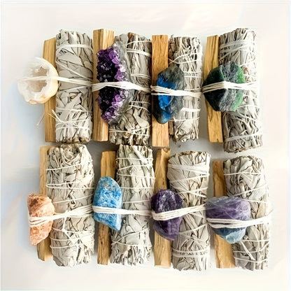 Natural Crystal White Sage Smudge Set for Space Cleansing Home Rituals Meditation Decor Teacher Appreciation Easter Gift Random Crystal