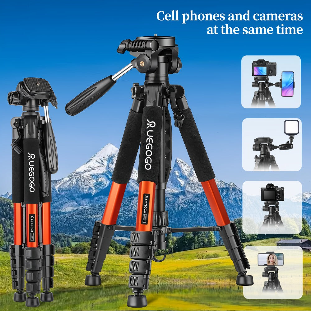 74-Inch Camera Tripod in Red and Black with Pan-and-Tilt Head, Phone Holder, Quick-Release Plate and Carry Bag
