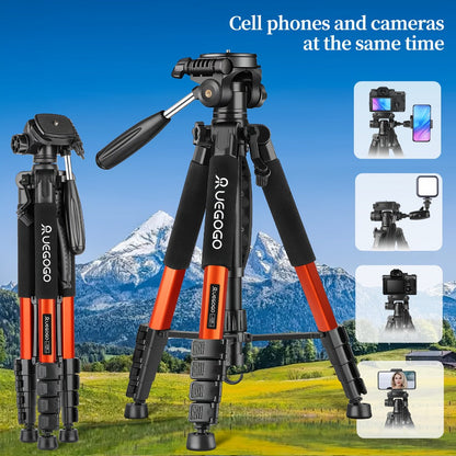 74-Inch Camera Tripod in Red and Black with Pan-and-Tilt Head, Phone Holder, Quick-Release Plate and Carry Bag